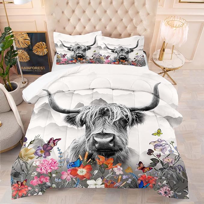 Tailor Shop Highland Cow Comforter Sets King Size,Highland Cow Bedding for Teens Kids Man,Cattle Western Bedding Wildlife Farmhouse Bull Mountain Flower Comforter with 2 Pillowcase