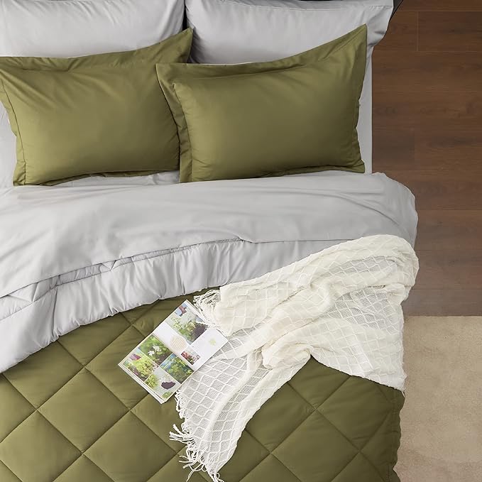 Bedsure Olive Green Full Size Comforter Set - 7 Pieces Reversible Full Bed in a Bag Full Bed Set with Comforters, Sheets, Pillowcases & Shams, Full Bedding Sets