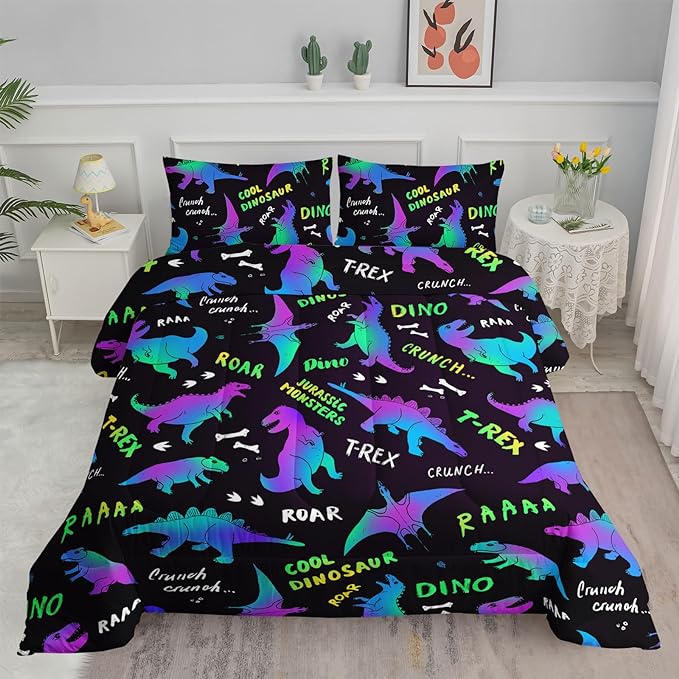 Axolotl Cartoon Dinosaur Bedding Set,Queen Size Kids Bed Set,Gradient Dinosaur Comforter Set,1 Quilt with 2 Pillowcases for Boys Girls Kids Teens Children Adults Room Decor All Season,Black