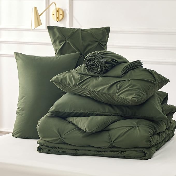 Bedsure California King Comforter Set - Cal King Bed Set 7 Pieces, Pinch Pleat Olive Green Cali King Bedding Set with Comforter, Sheets, Pillowcases & Shams