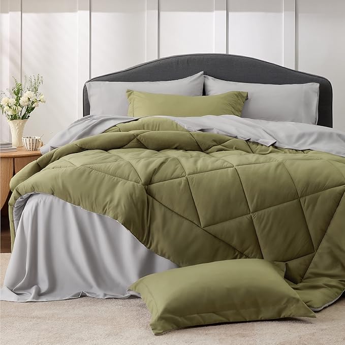 Bedsure Olive Green King Size Comforter Set - 7 Pieces Reversible King Bed in a Bag King Bed Set with Comforters, Sheets, Pillowcases & Shams, King Bedding Sets