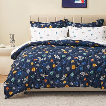 Twin Size Space Kids Bedding Set for Girls, 5 Pieces Super Soft Lightweight Microfiber Comforter Set with Sheets, Space Bedding Twin, Bed in a Bag, Durable Children Bed Set