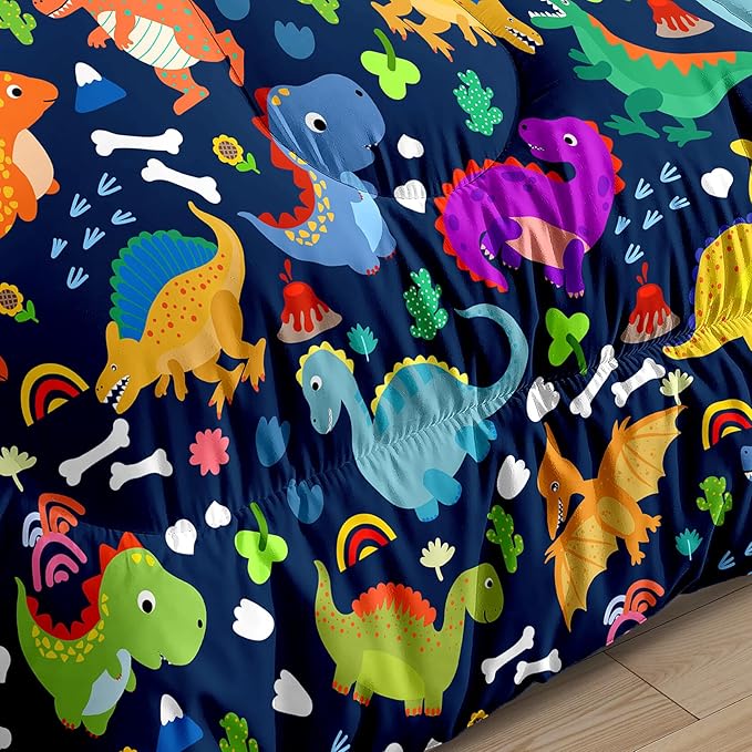 Dinosaur Full Size Bedding Set - Cartoon Dinosaur Full Size Comforter Sets for Boys Soft Breathable Blue Dino Quilt Kids Comforter Set Decor for Boys Bedroom, 1 Comforter 2 Pillowcase
