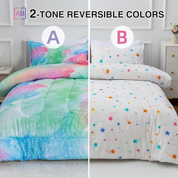 A Nice Night Galaxy Bedding Sets Outer Space Comforter 3D Printed Space Quilt Set Twin Size Glitter Pink Green Color,for Children Boy Girl Teen Kids