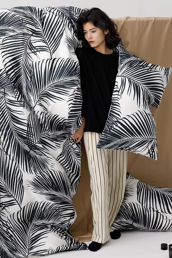 Comforter Set, Full Size, Black Leaves, Modern Boho, 3PCs, All Seasons, Cotton, Breathable, Durable, Ideal Gift, Unisex, Botanical, Lightweight, Warm, Washes Cold, Low Dry