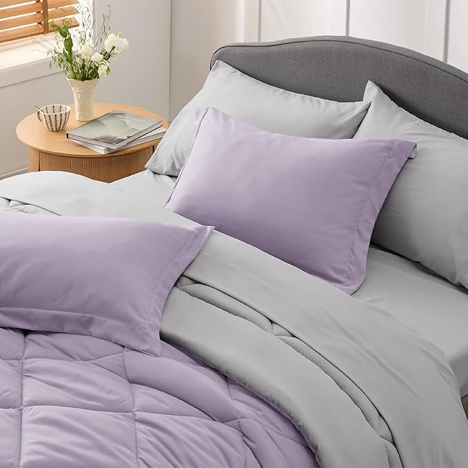 Bedsure Light Purple California King Size Comforter Set - 7 Pieces Reversible California King Bed in a Bag, Cal King Light Purple and Grey Bed Set with Comforters, Sheets, Pillowcases & Shams