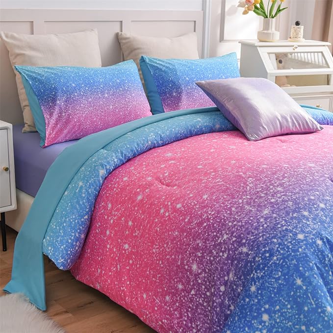 A Nice Night 6Pcs Gradient Glitter Bedding Set for Girls Full Size, Colorful Rainbow Galaxy Comforter Set, Ultra Soft Bedding Sets, Blue