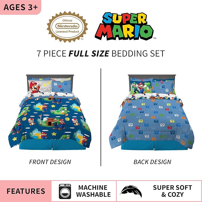 Franco Kids Bedding Super Soft Comforter and Sheet Set with Sham, 7 Piece Full Size, Mario