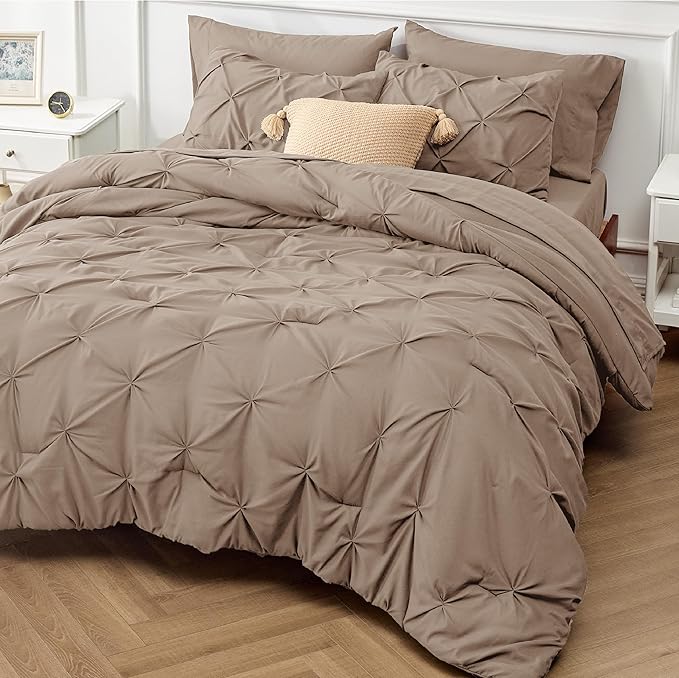 Bedsure Khaki Comforter Set Queen - Bed in a Bag Queen 7 Pieces, Pintuck Beddding Sets Green Bed Set with Comforter, Sheets, Pillowcases & Shams