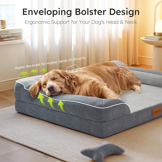 Large Dog Bed, Orthopedic with Cooling Gel Memory Foam, Waterproof with Removable Washable Cover, 36" Dog Sofa Couch Dutch Velvet with Bone Toy, Dark Gray