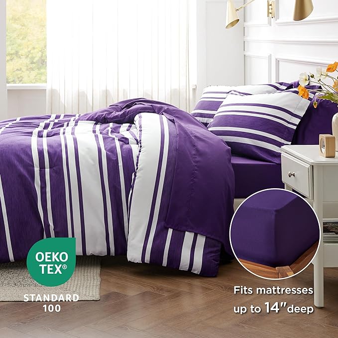 Bedsure Bed in a Bag King Size 7-Piece Purple White Striped Bedding Comforter Sets All Season Bed Set, 2 Pillow Shams, Flat Sheet, Fitted Sheet and 2 Pillowcases