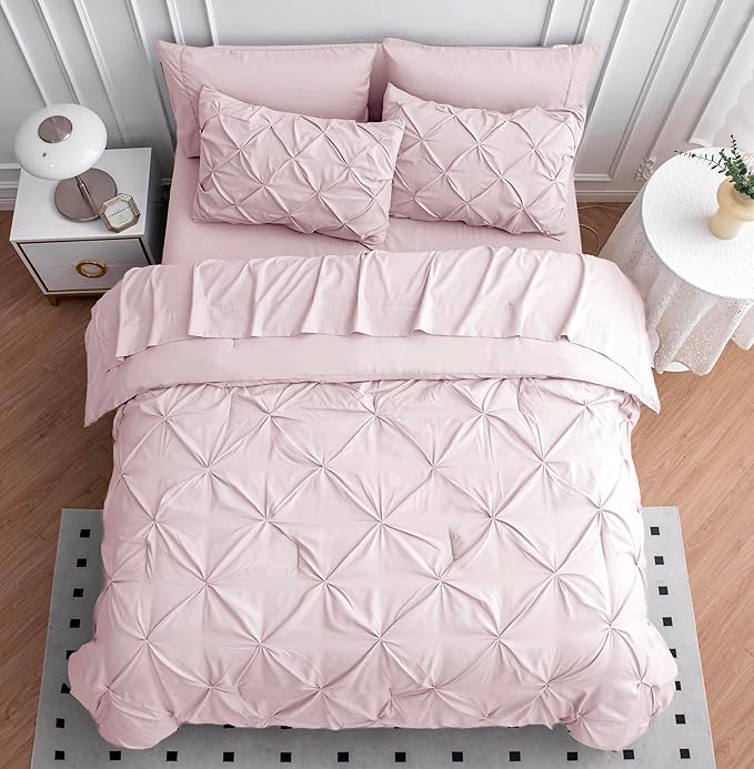 LANE LINEN Twin Comforter Set for Girls, 5 Piece Twin Size Bed in a Bag Sets, Pintuck Bedding Sets & Collections with Pink Comforter, Sheets, Pillowcases & Shams, Soft Twin Bedding Set - Sepia Rose