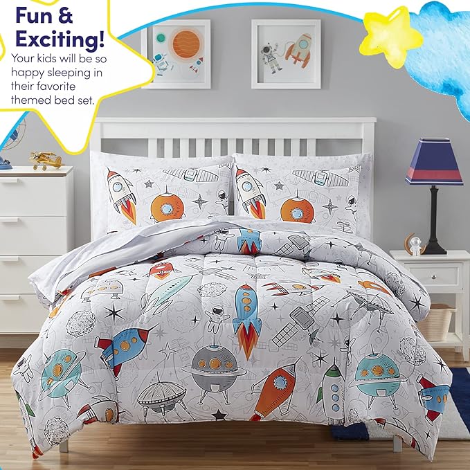 Kids Bedding Set Bed in a Bag for Boys and Girls Toddlers Printed Sheet Set and Comforter , Full, Floating in Space