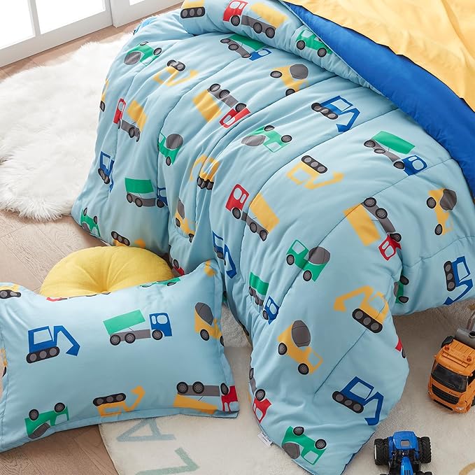 SLEEP ZONE Kids Twin Bedding Comforter Set - Super Cute & Soft Kids Bedding 5 Pieces Set with Comforter, Sheet, Pillowcase & Sham (Construction Truck)