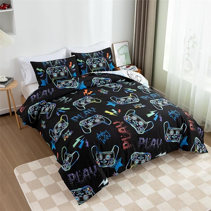 Meeting Story Gamer Gaming Bedding Sets Fluorescence Gamepad Comforter Set for Boys Games Console Action Buttons Novelty Colorful Modern Room Decor Home Quilt Set (Black, Queen)