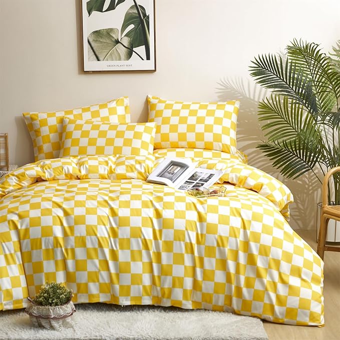 Brand King 3PC Bedding Set, Grid Yellow White Comforter Set with Checkered Pattern, All Season Breathable Blanket Set, Durable Bedding for Men and Women, Ideal Gift