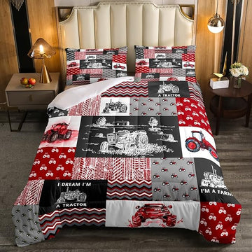 Erosebridal Red Tractor Bedding Set for Boys Queen,Construction Tractor Comforter Set Kids Teens Equipment Trucks Down Comforter Black White Construction Vehicle Quilt Set Bedroom Decor