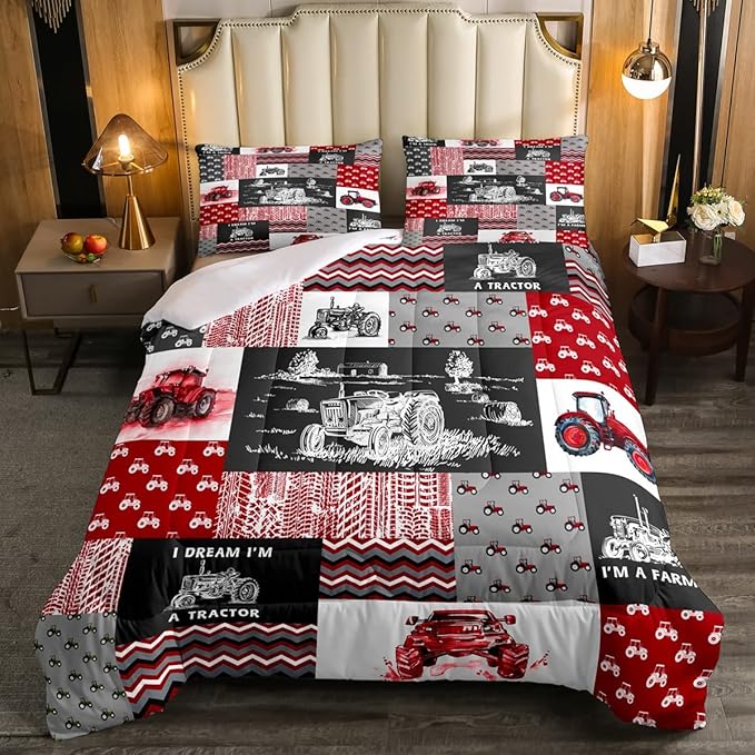 Erosebridal Red Tractor Bedding Set for Boys Full,Construction Tractor Comforter Set Kids Teens Equipment Trucks Down Comforter Black White Construction Vehicle Quilt Set Bedroom Decor
