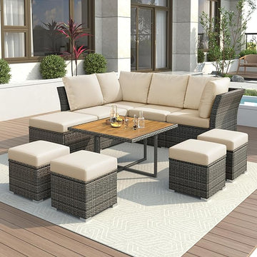 9-Pieces Outdoor Rattan Sectional Sofa Set, Wicker Patio Conversation Furniture with L-shape Couch&Storage Ottomans, Acacia Wood Coffee Table, for Garden Yard, Gray Wicker&Beige Cushion