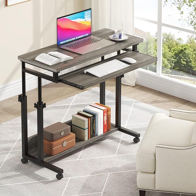 Tribesigns Portable Desk for Sofa and Bed, Height Adjustable Mobile Laptop Table Small Standing Desk Rolling Computer Cart with Keyboard Tray on Wheels for Home Office (Grey)
