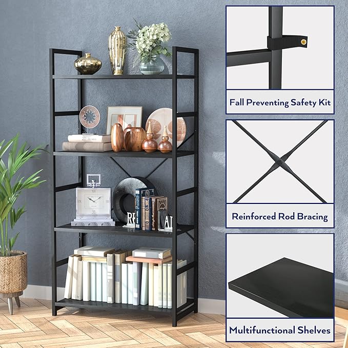NUMENN 4 Tier Bookshelf, Tall Bookcase Shelf Storage Organizer, Modern Book Shelf for Bedroom, Living Room and Home Office, Black