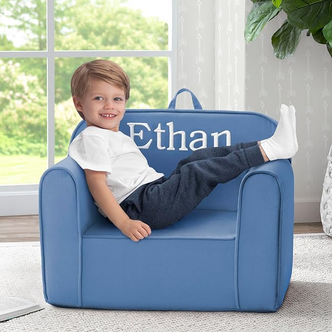 Delta Children Personalized Cozee Chair - Customize with Name – Foam Kids Chair for Ages 18 Months and Up, Indigo