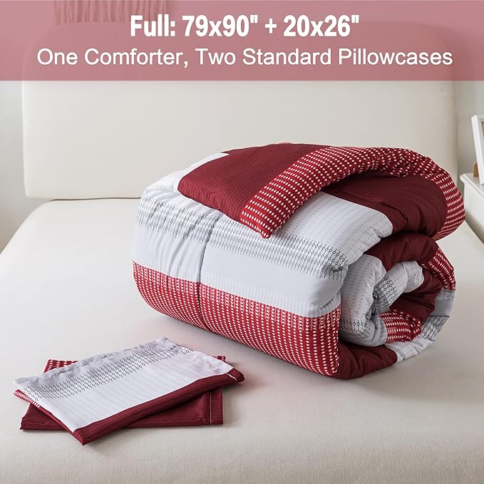 Litanika Red Comforter Set Full, 3 Pieces Boy Men Women Girls Christmas Comforter Bedding Set, Burgundy White Colorblock Stripe for Winter (79x90In Comforter & 2 Pillowcases)