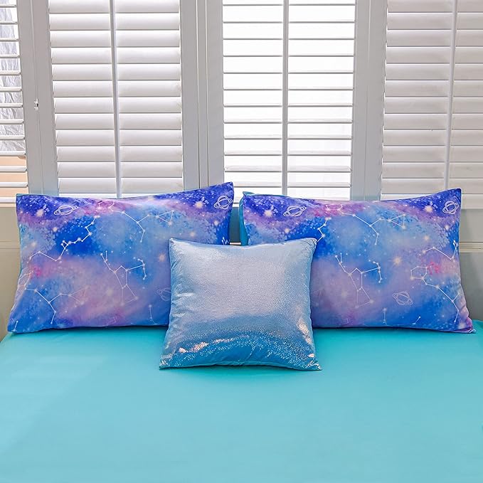 Btargot Lightweight Microfiber 6 Piece Comforter Set, Tie Dye Galaxy Constellation Pattern Bedding Set for Boys Girls Teen, Queen Blue Purple