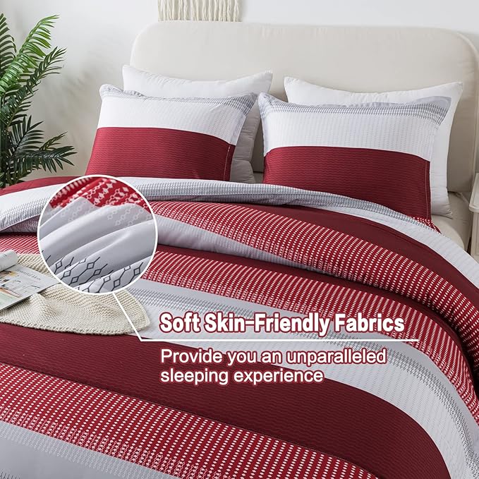 Litanika Red Comforter Set Full, 3 Pieces Boy Men Women Girls Christmas Comforter Bedding Set, Burgundy White Colorblock Stripe for Winter (79x90In Comforter & 2 Pillowcases)