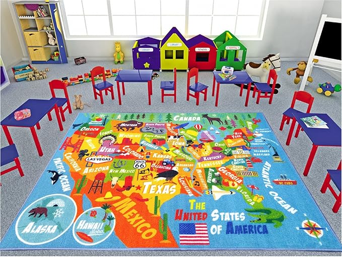 KC Cubs Playtime Collection USA United States Map Educational Learning & Game Area Rug Carpet for Kids and Children Bedrooms and Playroom (5'0" x 6'6")