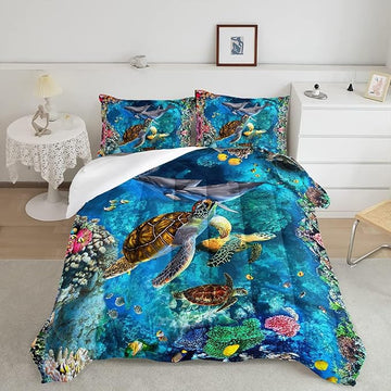 CVHOUSE Sea Turtle Comforter Sets King for Ocean Lovers,Turtle Beach Bedding Sets King Set,Turtle Bedspread,Turtle Duvet,Turtle Bed Set,Turtle Quilt Set 3 Pcs 1 Comforter and 2 Pillowcases