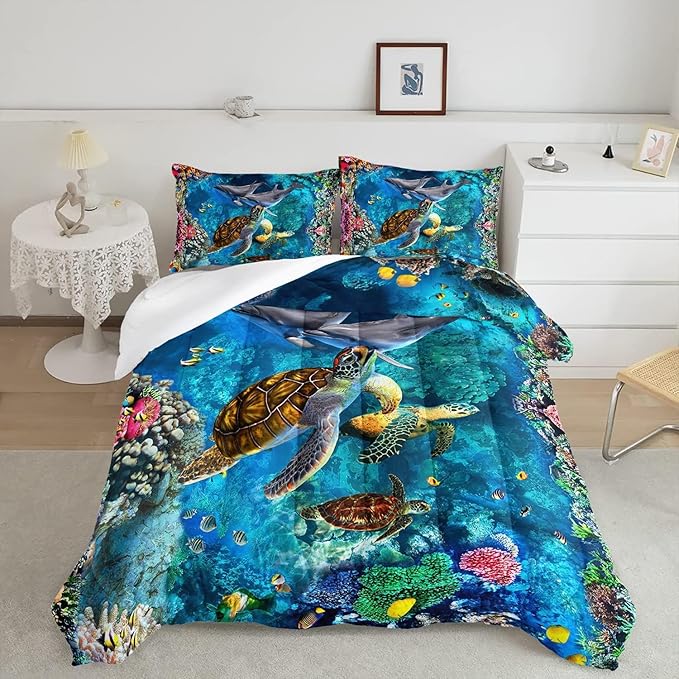 CVHOUSE Sea Turtle Comforter Sets King for Ocean Lovers,Turtle Beach Bedding Sets King Set,Turtle Bedspread,Turtle Duvet,Turtle Bed Set,Turtle Quilt Set 3 Pcs 1 Comforter and 2 Pillowcases
