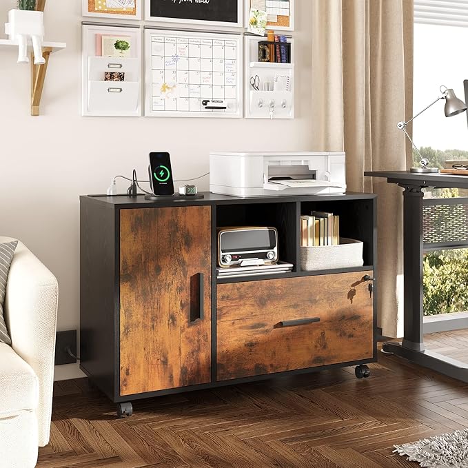 DEVAISE File Cabinet with Charging Station, 1 Drawer Rolling File Cabinet, Locking Filing Cabinet for Home Office, Wood Printer Stand with Storage, Rustic Brown