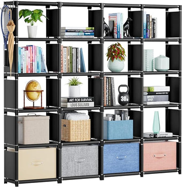 Mavivegue Book Shelf, 20 Cube Storage Organizer, DIY Bookcase, Metal Cube Bookshelf,Tall Book case for Bedroom, Living Room,Office,Closet Storage Organizer, Black Cubicle Storage Rack