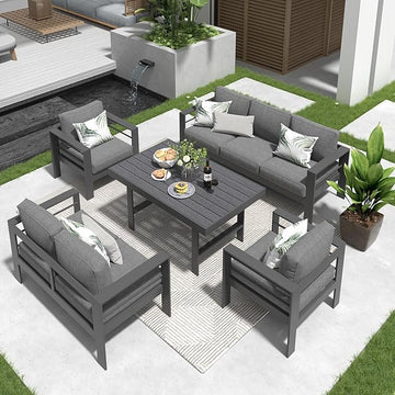 Solaste Aluminum Patio Furniture Set,5 Pieces Modern Outdoor Conversation Set Sectional Sofa with Upgrade Cushion and Dining Table, Grey