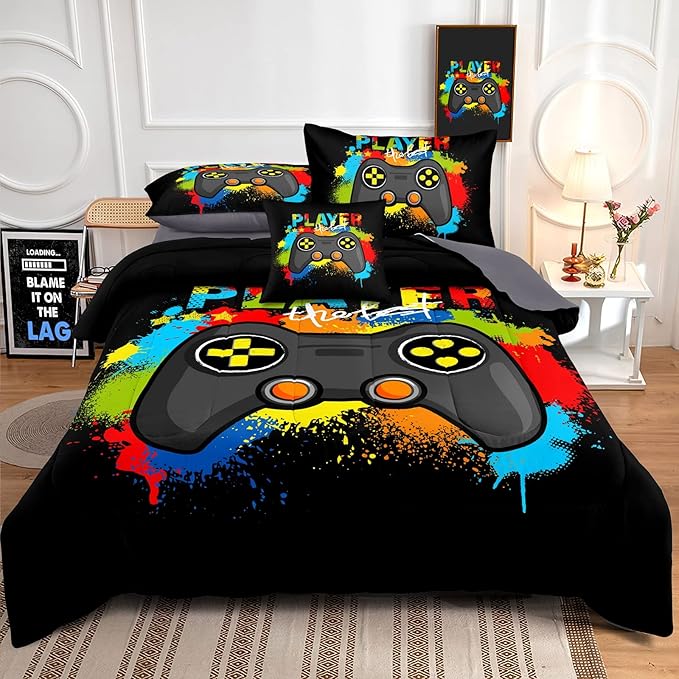 Kids Gaming Bedding Sets, 6 Piece Gamer Comforter Sets for Teens Boys Queen Size for Bedroom Comforter Set Adult 3D Gamepad Microfiber Bedding Sets Fits All Season Queen Comforter Set