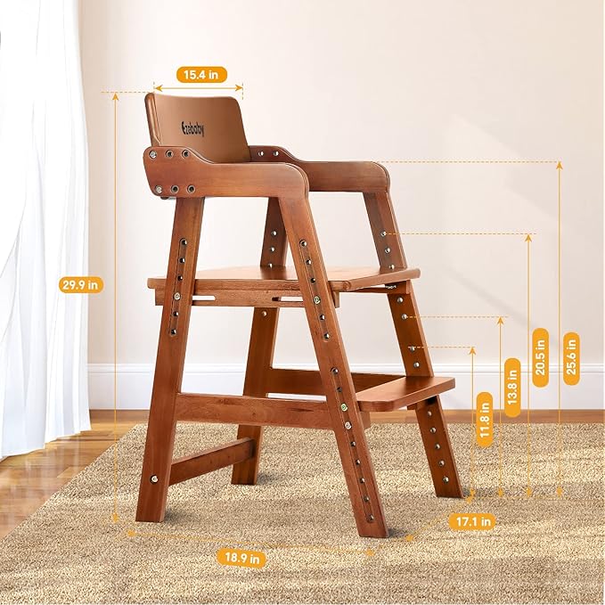 Ezebaby Wooden High Chair for Toddlers to Teens, Adjustable Kids Study Chair with Steps, Kids Dining Chair with Removable Cushion (Nut-Brown)