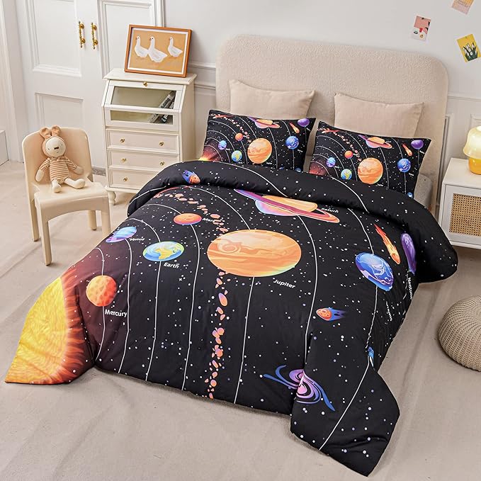 Solar System Comforter Set Twin Outer Space Room Decor Bedding Set 3 Pieces 1 Planets Theme Comforter and 2 Pillow Shams for Boys Kids Ultra-Soft Microfiber All Seasons for Bedroom Sofa