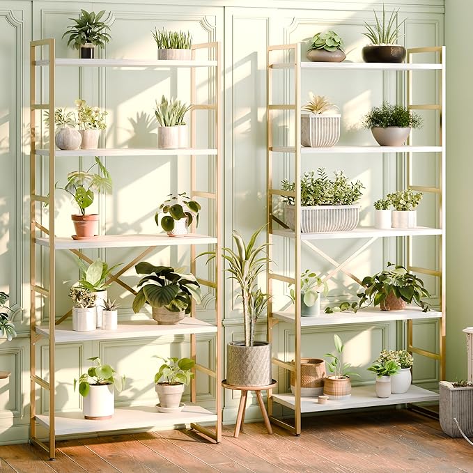 Shintenchi 2 Pieces 5 Tiers Bookshelf, Classically Tall Bookcase Shelf, Industrial Book Rack, Modern Book Holder in Bedroom/Living Room/Home/Office, Storage Rack Shelves for Books/Movies-Gold