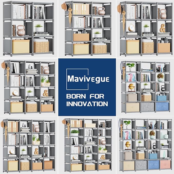 Mavivegue Book Shelf, 16 Cube Storage Organizer, DIY Bookcase, Metal Cube Bookshelf,Tall Book case for Bedroom, Living Room,Office,Closet Storage Organizer, Grey Cubicle Storage Rack