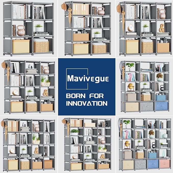 Mavivegue Bookshelf,15 Cube Storage Organizer,Book Shelf Organizer,Tall Bookcase Shelf,Book Cases/Shelves,Grey Cube Shelf,Cubbies Closet Storage Organizer Shelves for Bedroom,Living Room,Home,Office