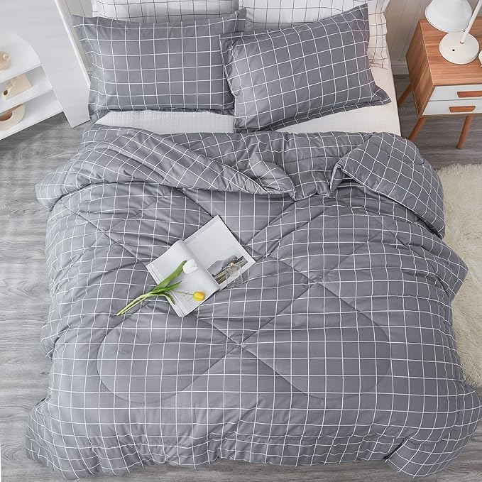Andency Grey Grid Comforter Set Queen Size (90x90 inch), 3 Pieces (1 Grey Comforter and 2 Pillowcases), Summer Lightweight Microfiber Down Alternative Bedding Comforter Sets with White Lines