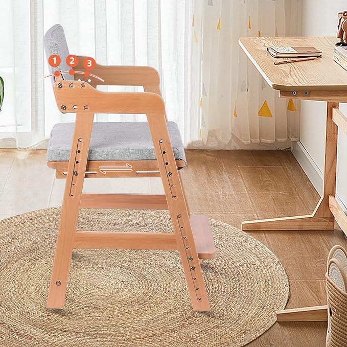 Ezebaby Wooden High Chair, Adjustable Highchair for Toddlers to Teens with Steps, Kids Dining Chair, Study Chair with Removable Cushion (Natural Color)