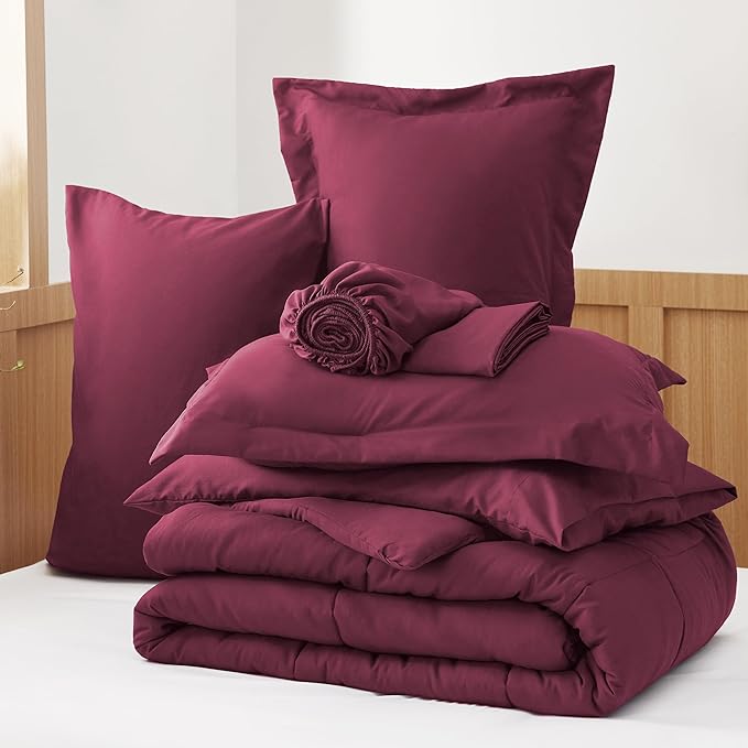 Bedsure Burgundy King Size Comforter Set - 7 Pieces Solid King Bed in a Bag, King Bed Set Burgundy with Comforters, Sheets, Pillowcases & Shams