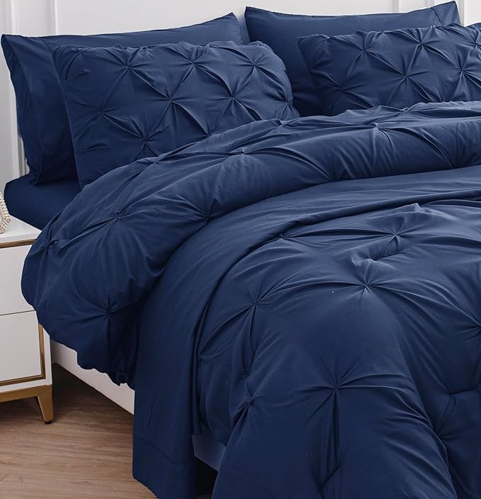 LANE LINEN Bed Comforter Set for Split King Mattress, Soft 8 Piece Split King Bed in a Bag with 1 King Comforter, 1 King Size Flat Sheet, 2 Twin XL Fitted Sheets, 2 Pillowcases & 2 Shams - Navy Blue