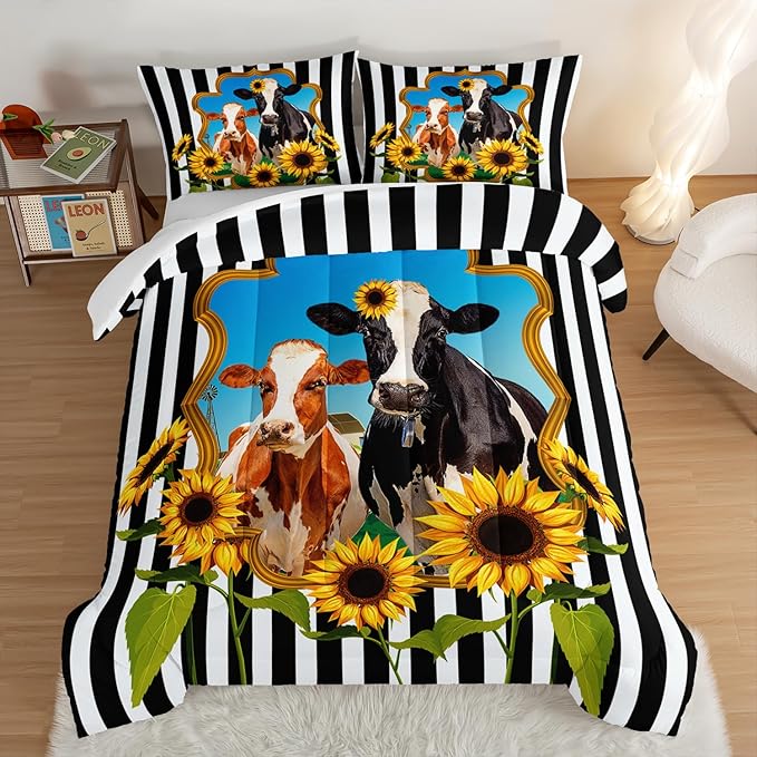 HOSIMA Animal Theme Bedding Set Bull and Cow Comforter with 2 Pillowcase,Black and White Stripes Comforter Set for Adults Teens Kids,Sunflower Print Western Bedding Sets Queen.