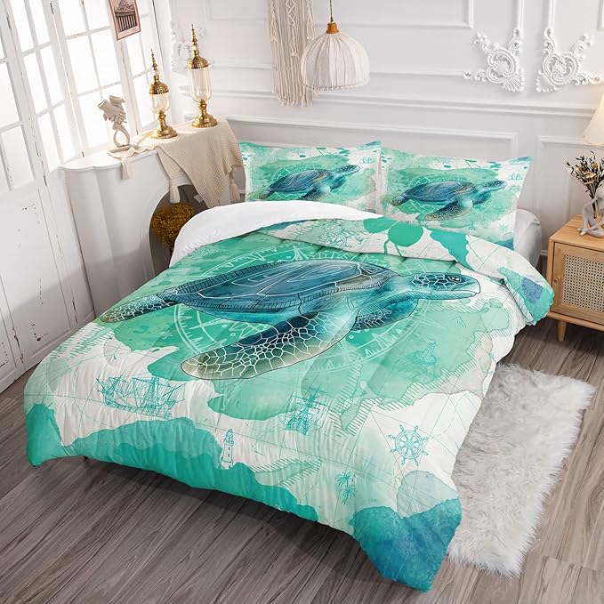 CVHOUSE Sea Turtle Bedding Set,Sea Turtle Comforter Full,Ocean Bohemia Comforter Set for Boys Kids Girls,Ocean Quilt Set with 1 Comforter and 2 Pillow Cases