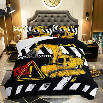 Excavator Comforter Queen Size,Construction Truck Comforter Set for Kids Teens Boys Girls,3Pcs Bedding Set Printed Comforter with 2 Pillowcases,Soft and Lightweight(Black，Queen Size)