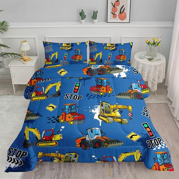 Axolotl Bedding Set, Twin, Blue Excavator, 3Pcs Boys Comforter, Polyester, All Seasons, Machine Wash, Bedding Set for Kids Children Teens Bedroom Decor