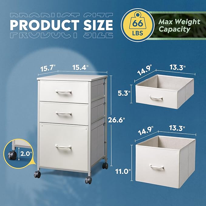 DEVAISE Mobile File Cabinet, Rolling Printer Stand with 3 Drawers, Fabric Vertical Filing Cabinet fits A4 or Letter Size for Home Office, White